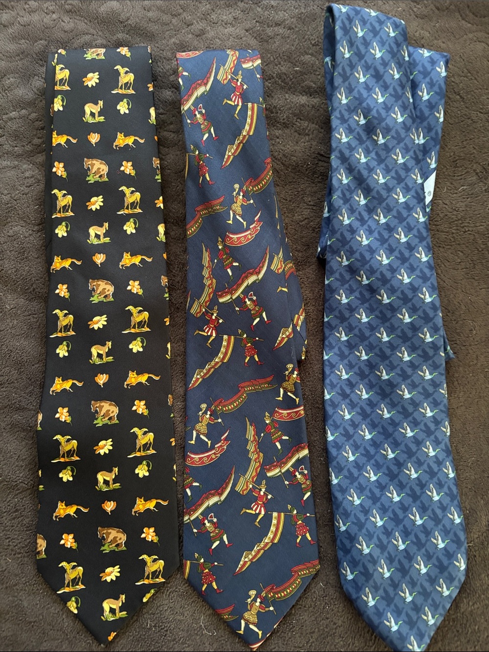 Vintage Salvatore Ferragamo Black, Navy & Blue Patterned Silk Tie Trio